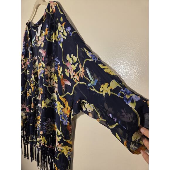 Carmen XL Marc Valvo Kimono Tied Topper Black Floral Hummingbird Fringed Boho - Picture 2 of 9